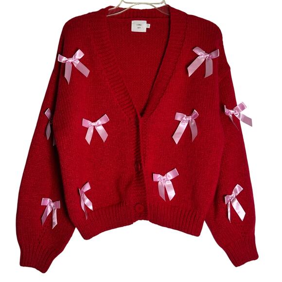 Luna Ivy Long Sleeve V-Neck Cardigan Sweater with Pink Bows Ribbon Womens S Red - Picture 1 of 5